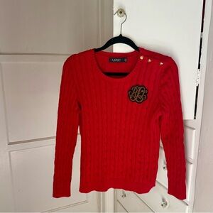 Ralph Lauren Red Cable Knit Crewneck Sweater with Shoulder Buttons